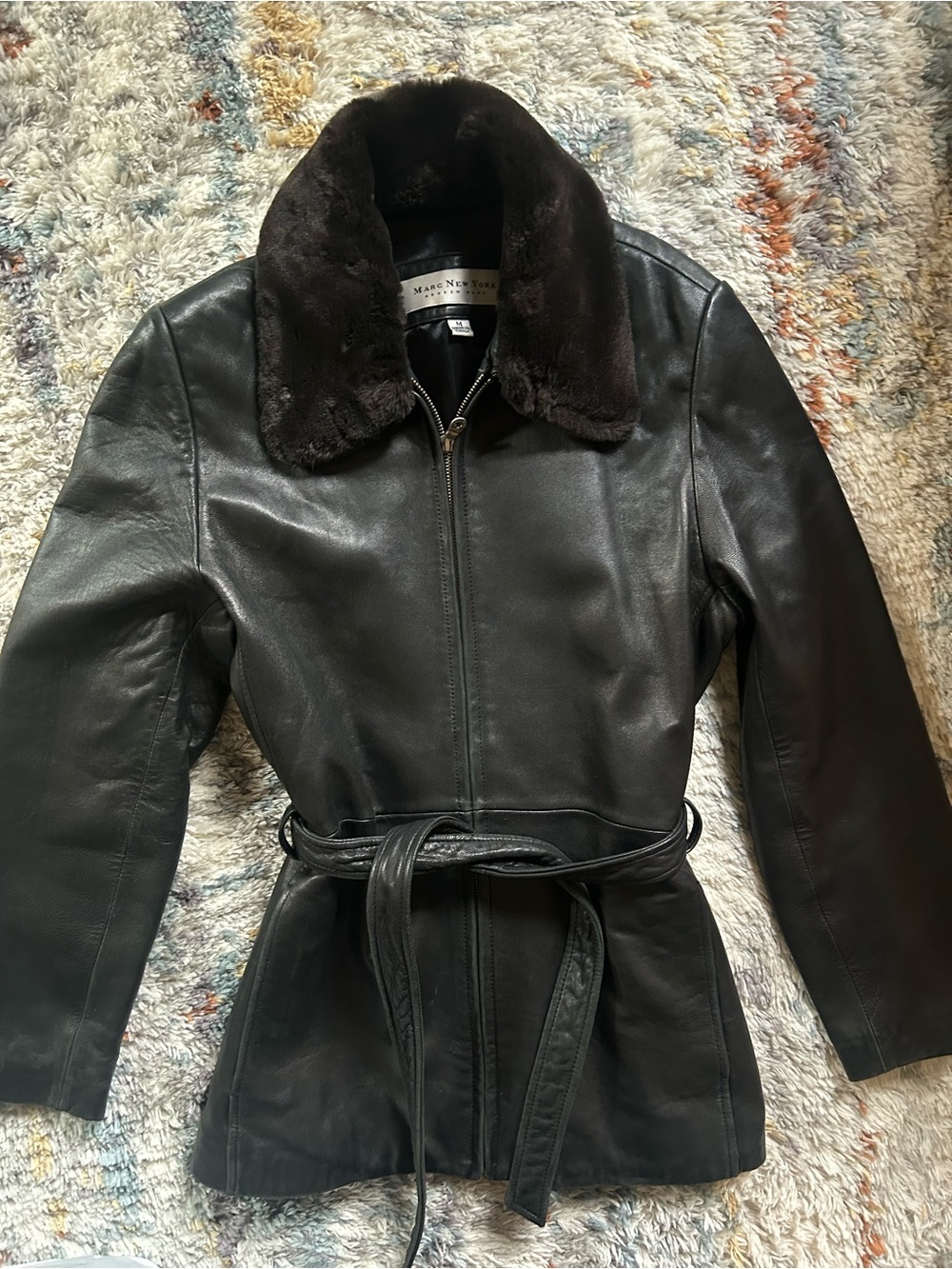 Marc New York Black Leather Belted Jacket with Dark Fur Collar